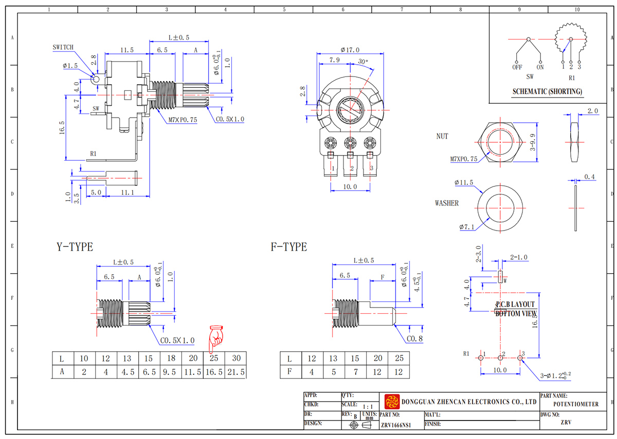 ZRV166系列齿轮电位器尺寸图